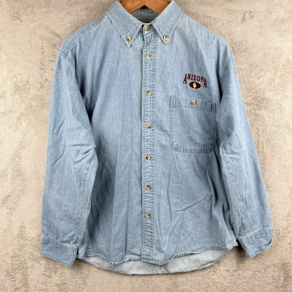 Arizona Denim Shirt Men L Blue‎ L/S Button Down Cotton Embroidered 90s Impex VTG